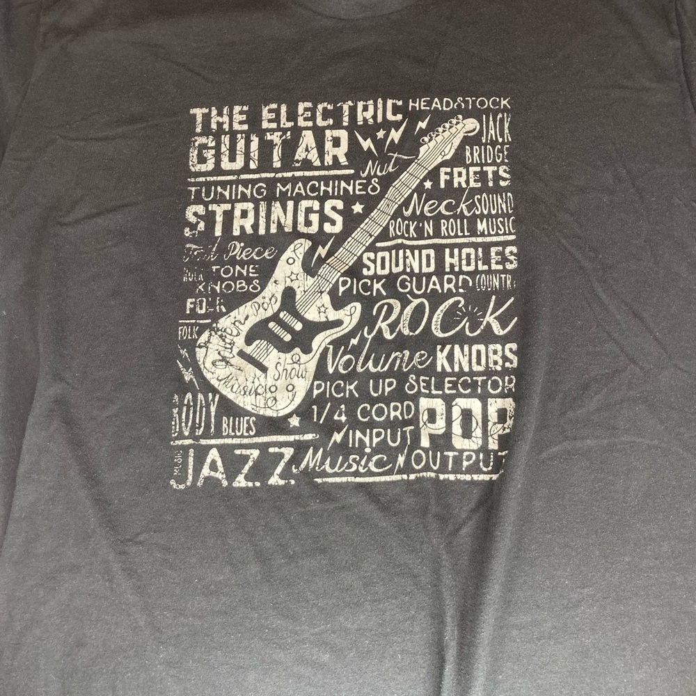 Black Graphic T-Shirt with Guitar Design LuLaRoe Patrick large